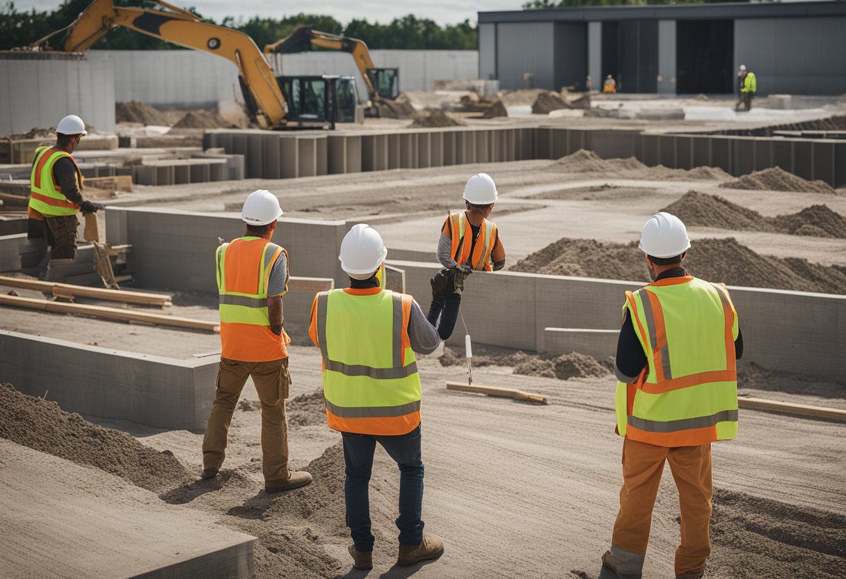 A group of workers lay concrete at a construction site in Brantford, carefully planning and executing the project