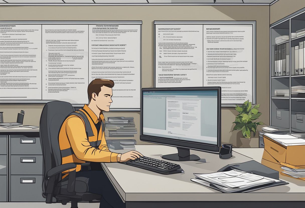 A concrete contractor in Brantford answers common questions in an office setting with a desk, computer, and a list of frequently asked questions on the wall